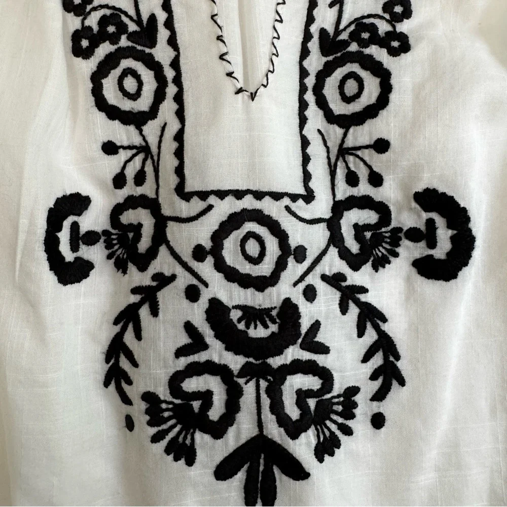 J.Crew White Cotton Gauze Black Embroidered V-Neck Puff Sleeve Top 0